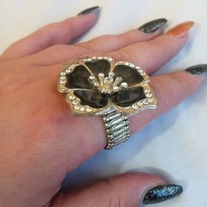 3/$15 Sale- Rhinestone Silver & Marbled Flower Stretc